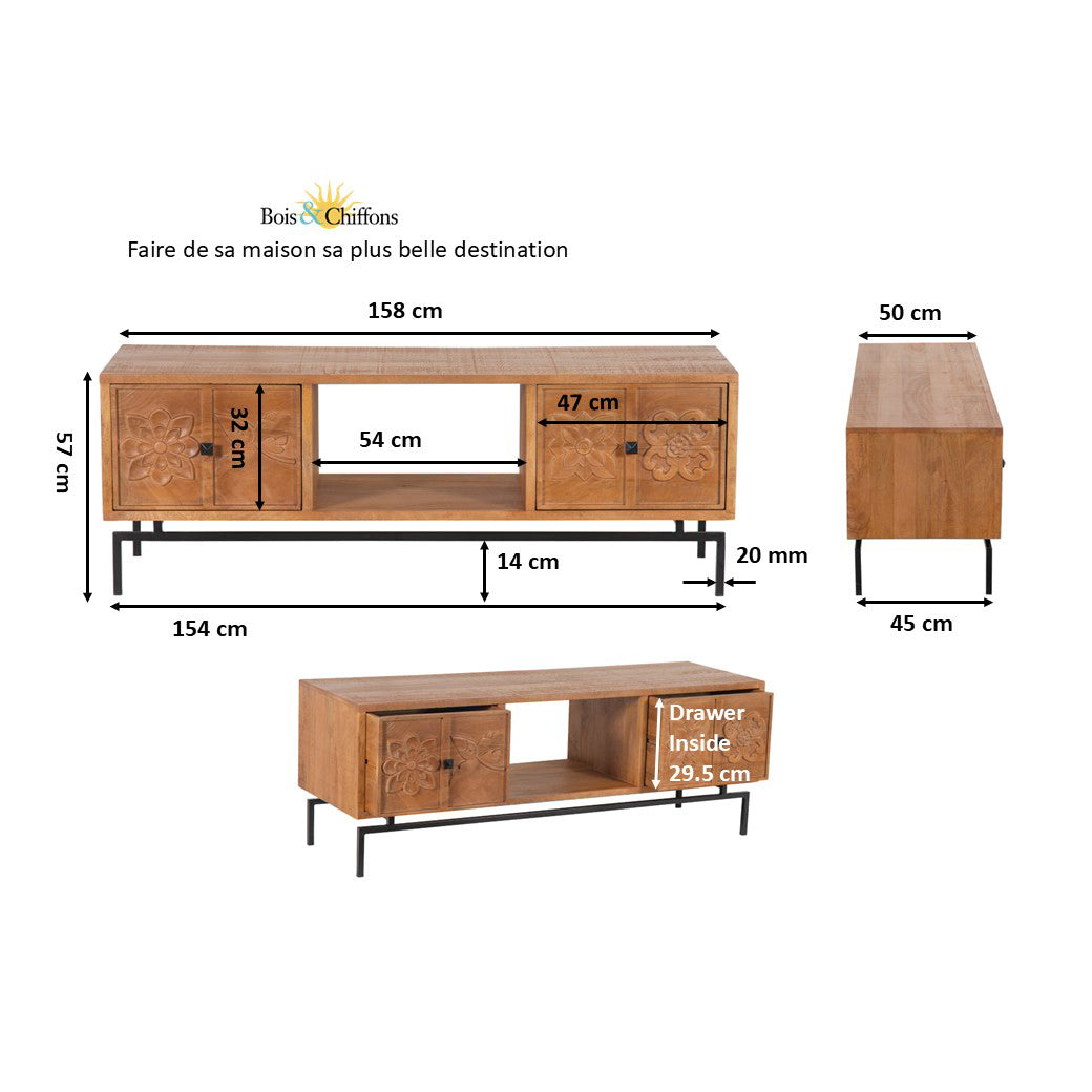 Meuble TV 2 tiroirs, 1 etagere 158cm | Manguier Sculture II