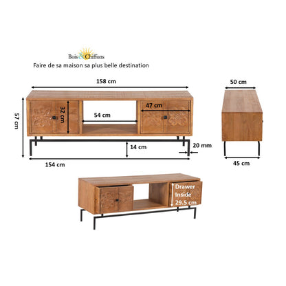 Meuble TV 2 tiroirs, 1 etagere 158cm | Manguier Sculture II