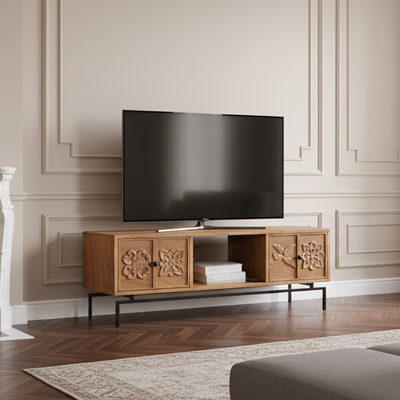 Meuble TV 2 tiroirs, 1 etagere 158cm en bois massif manguier - Sculture