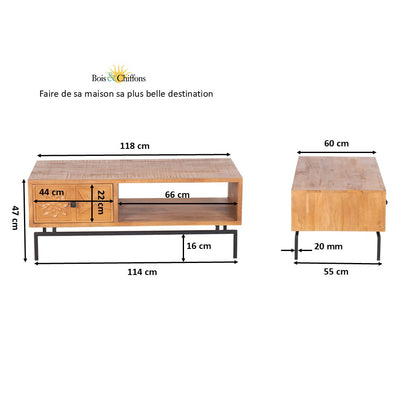 Table basse sculptée 1 tiroir, 1 niche | Manguier Sculture II