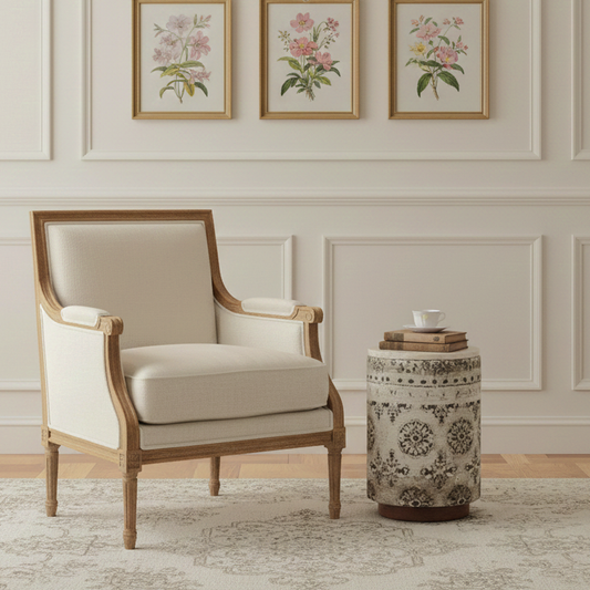 Table d'appoint avec tissu motif floral, plateau marbre | Manara