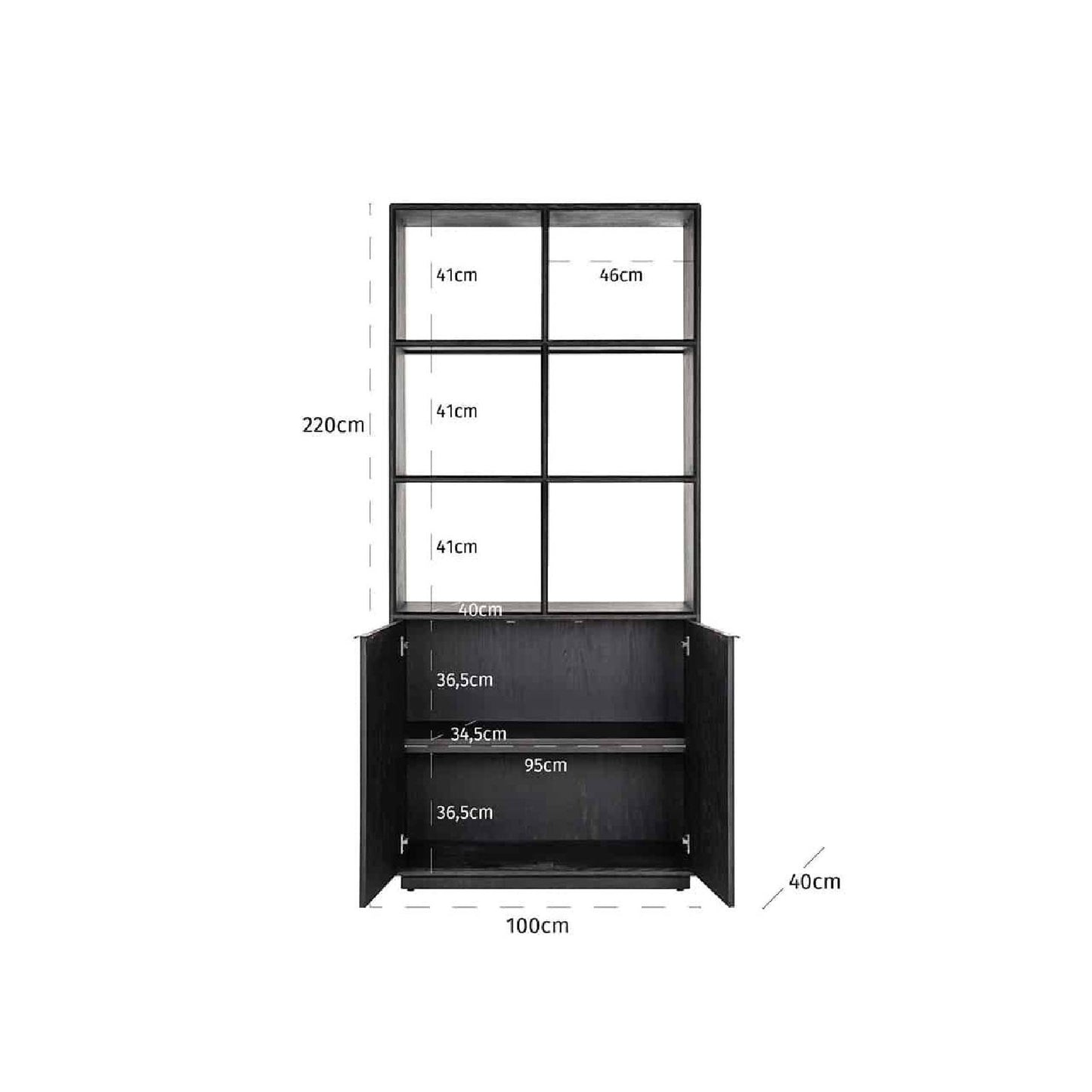 Bibliothèque noirbone laiton 2-deuren (noir rustic)