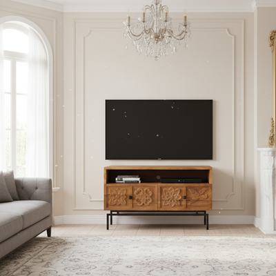 Petit meuble TV 2 tiroirs 104cm en bois massif manguier - Sculture