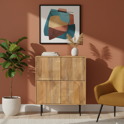 Buffet haut bois sculpté motif géométrique 4P | Manguier Maglan II