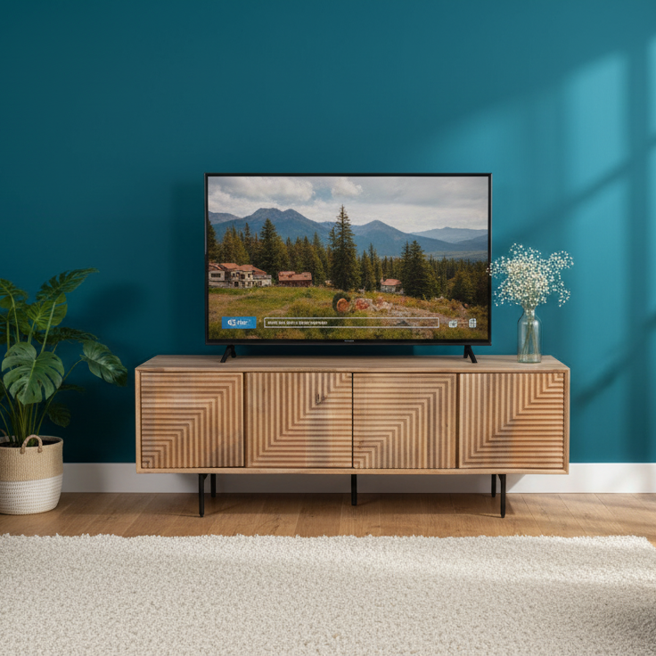 Meuble Tv bois sculpté motif géométrique 4P | Manguier Maglan