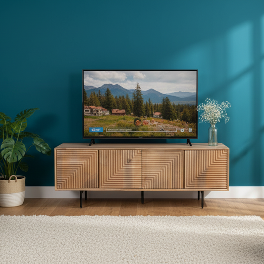 Meuble Tv bois sculpté motif géométrique 4P | Manguier Maglan
