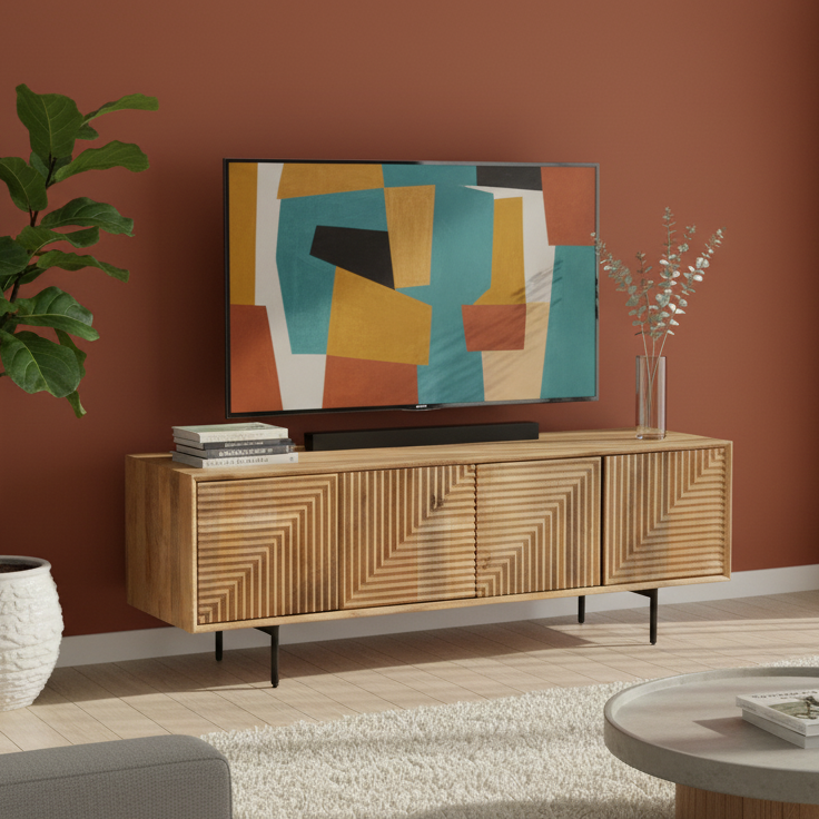Meuble Tv bois sculpté motif géométrique 4P | Manguier Maglan