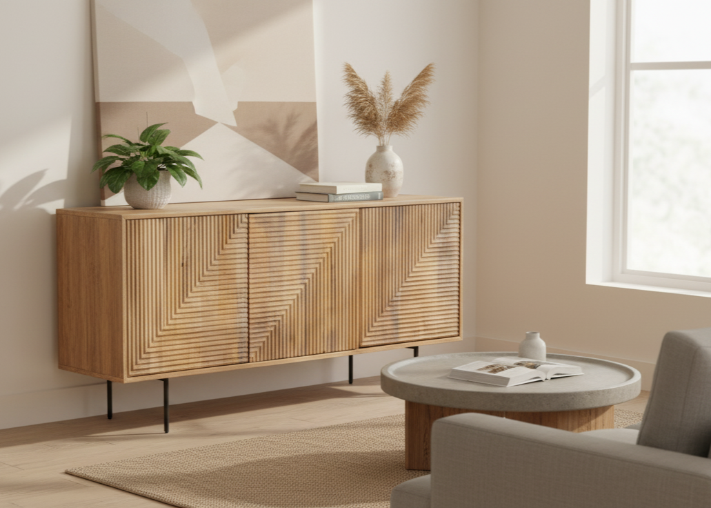 Buffet bas bois sculpté motif géométrique 3P | Manguier Maglan II