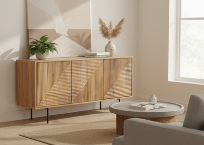 Buffet bas bois sculpté motif géométrique 3P | Manguier Maglan II