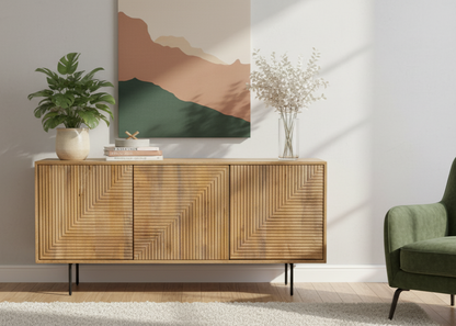 Buffet bas bois sculpté motif géométrique 3P | Manguier Maglan II
