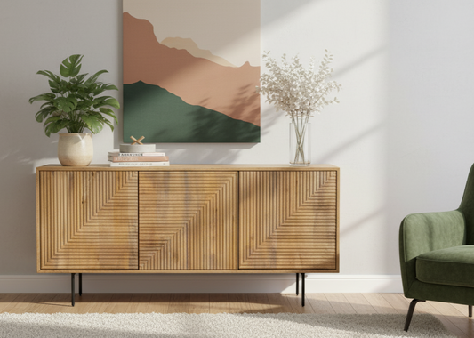 Buffet bas bois sculpté motif géométrique 3P | Manguier Maglan II
