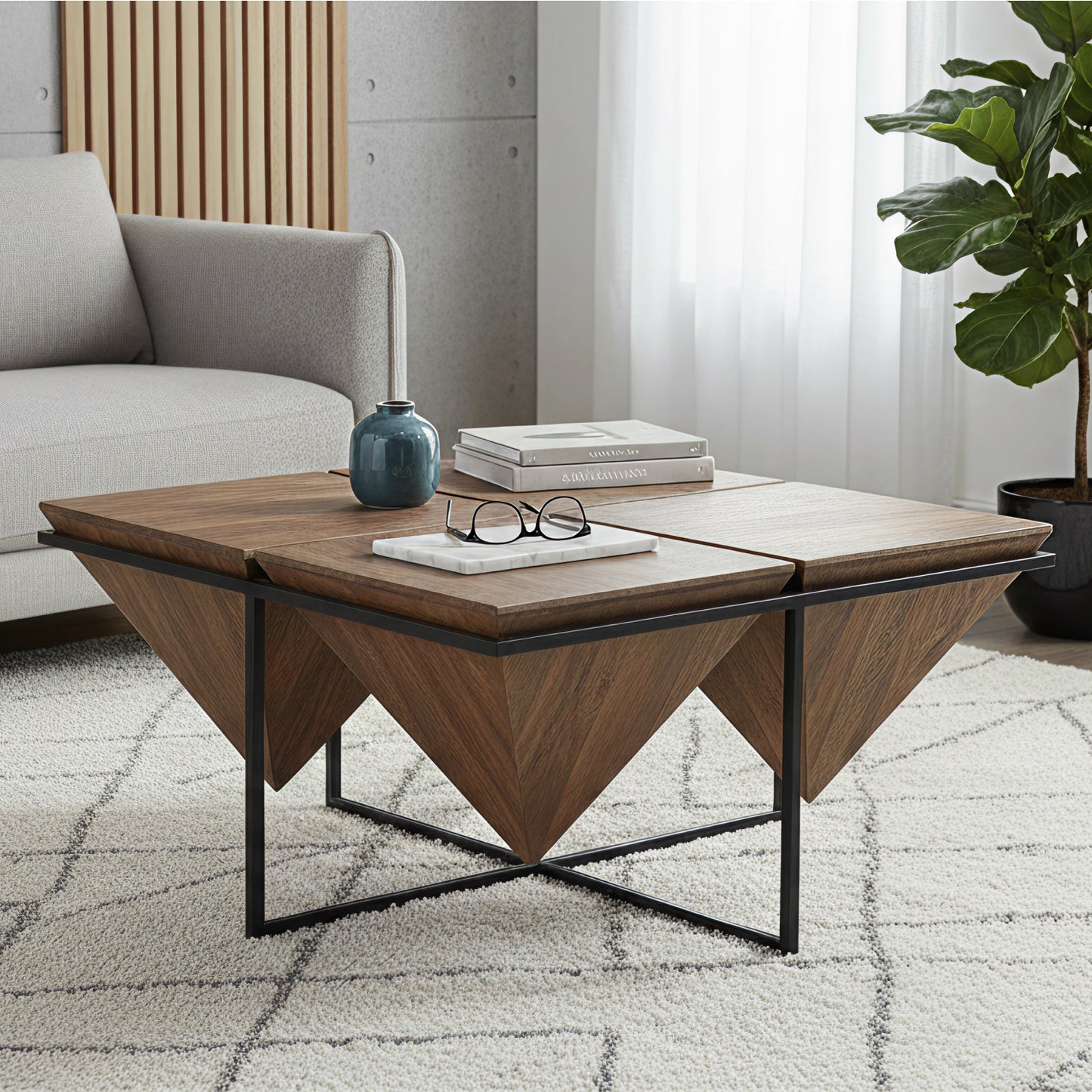 Mesa de centro piramidal em madeira e metal | Acacia Sirocco