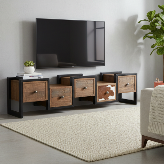 Mueble para TV Zig Zag de piel de vaca multimaterial | Kara Mango