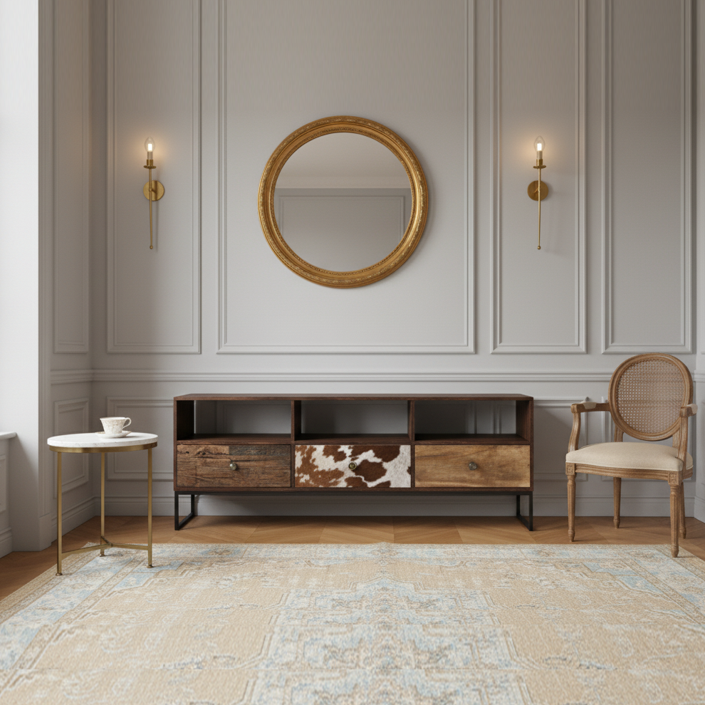 Mueble para TV de 3 piezas de piel de vacuno multimaterial | Kara Mango