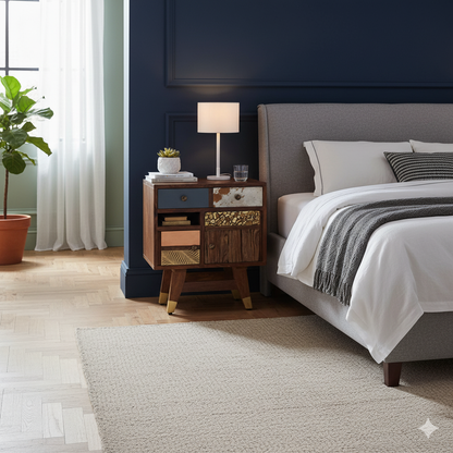 Mesita de noche multimaterial en piel de vaca y madera tallada | Terranova Mango
