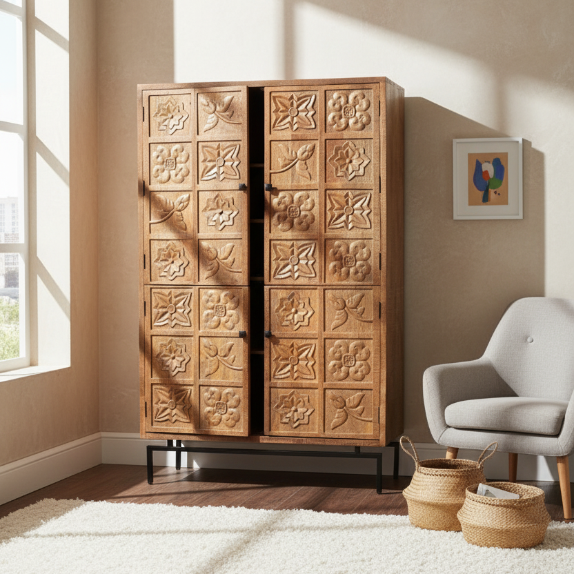 Armoire sculptée 4 portes en bois massif manguier - Sculture