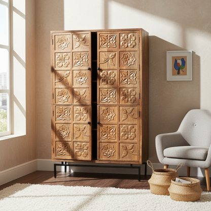 Armoire sculptée 4 portes en bois massif manguier - Sculture