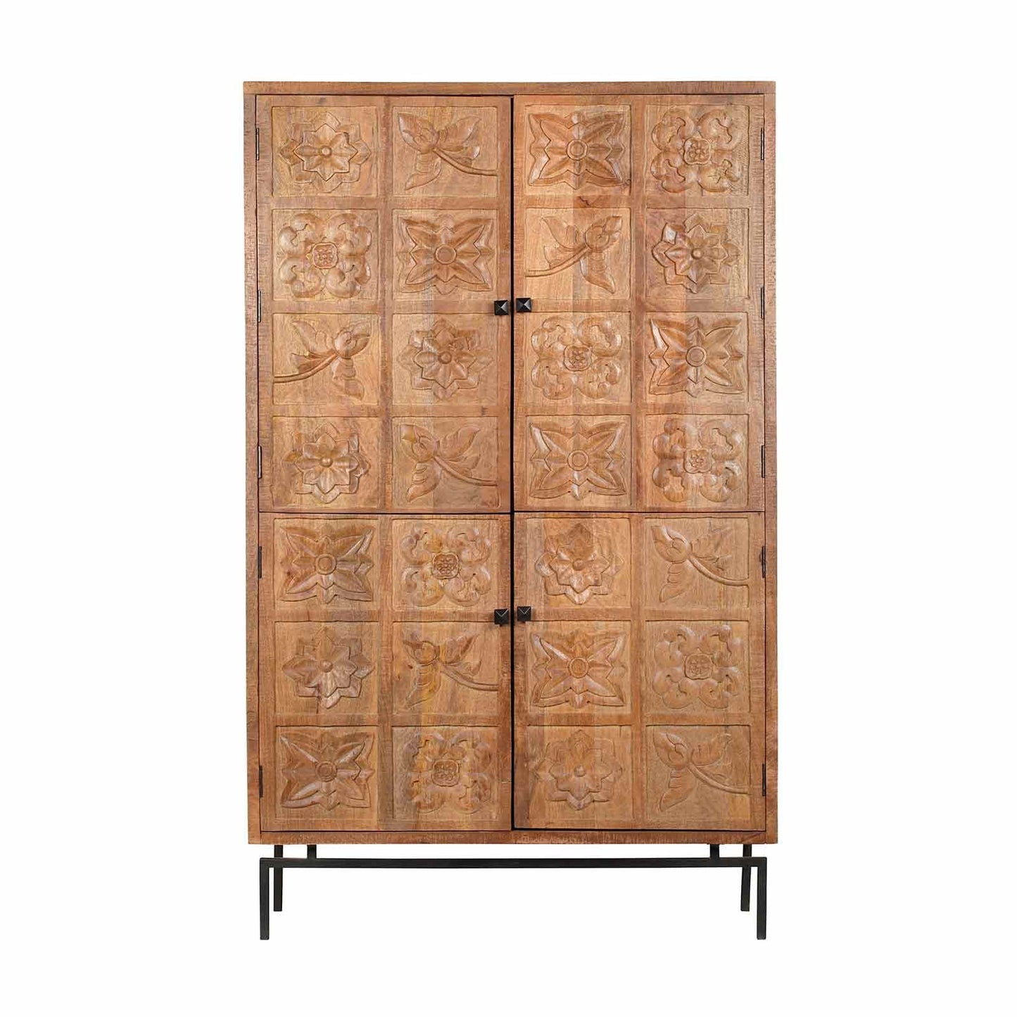 Armoire sculptée 4 portes en bois massif manguier - Sculture