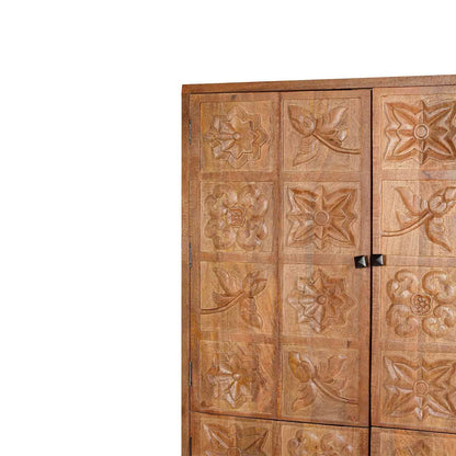 Armoire sculptée 4 portes en bois massif manguier - Sculture