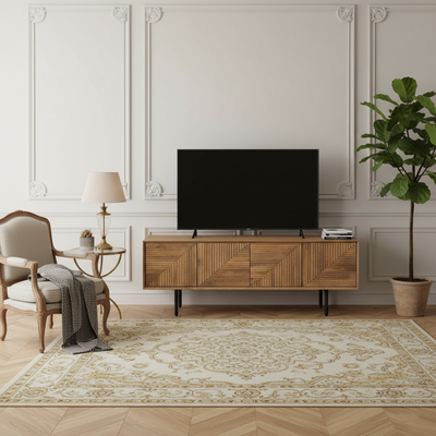 Meuble Tv bois sculpté motif géométrique 4P | Manguier Maglan II
