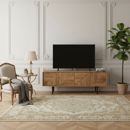 Meuble Tv bois sculpté motif géométrique 4P | Manguier Maglan II