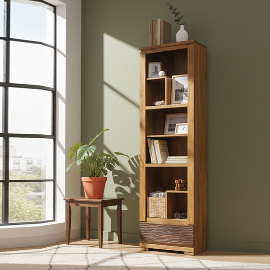 Petite bibliothèque bois sculpté bicolore 1T | Acacia Maya