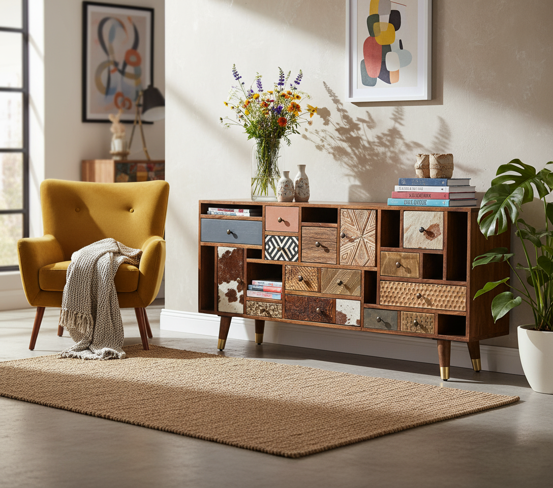 Aparador multimaterial 11T 2P de madera tallada en piel de vaca | Mango Terranova