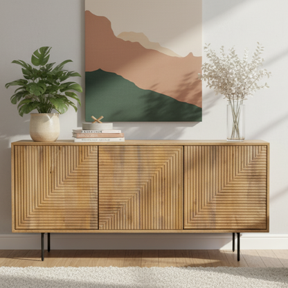 Buffet bas bois sculpté motif géométrique 3P | Manguier Maglan II