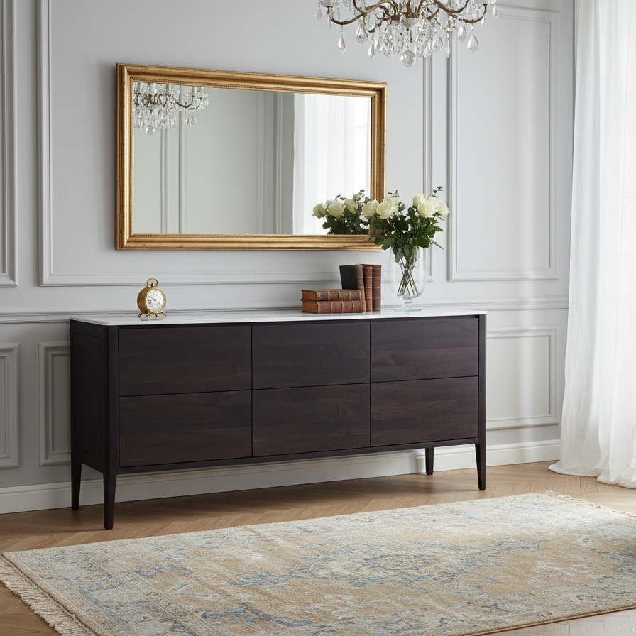Aparador de madeira com tampo de mármore branco, 3T | Amsterdam Mango