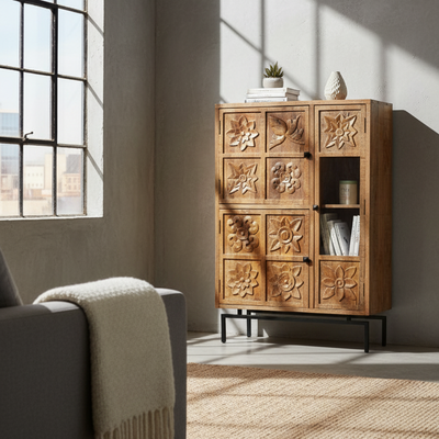 Buffet haut 3 portes en bois massif manguier - Sculture