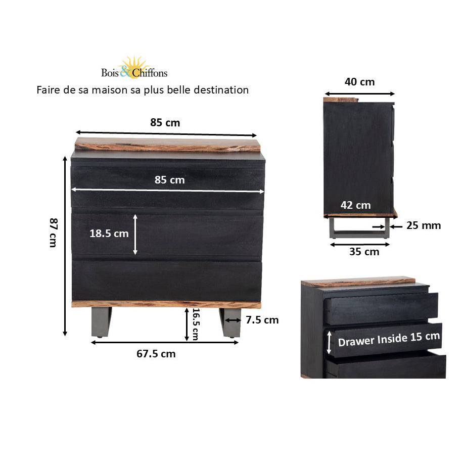Commode 3 tiroirs en bois massif acacia - Black