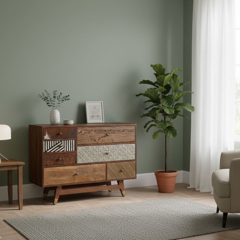 Commode multi-matériaux peau de vache bois sculpté | Manguier Terranova