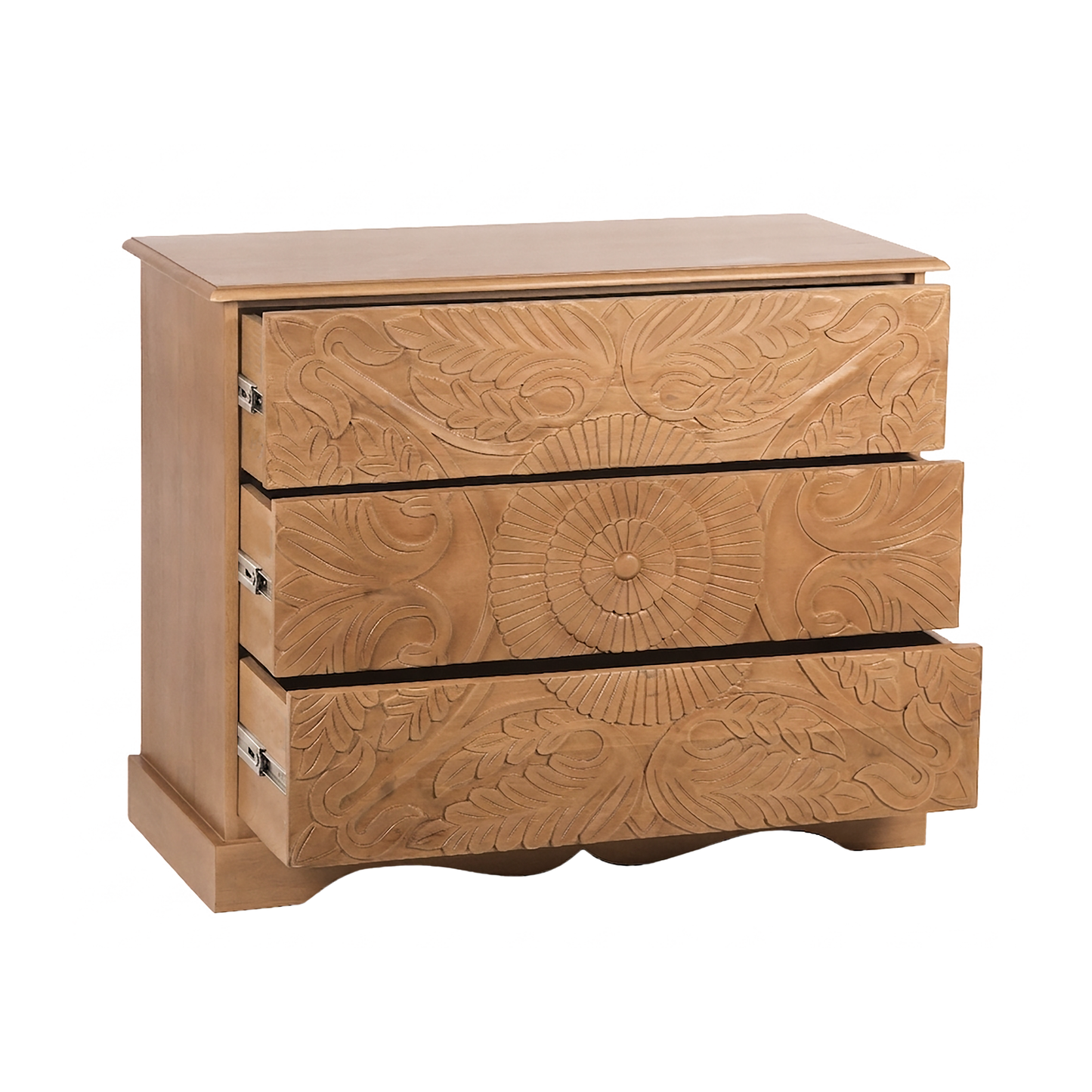 Commode sculptée 3 tiroirs en bois massif manguier - Avrona