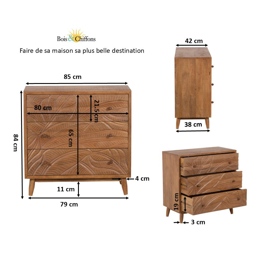 Commode sculptée 3 tiroirs en bois massif manguier - Floria