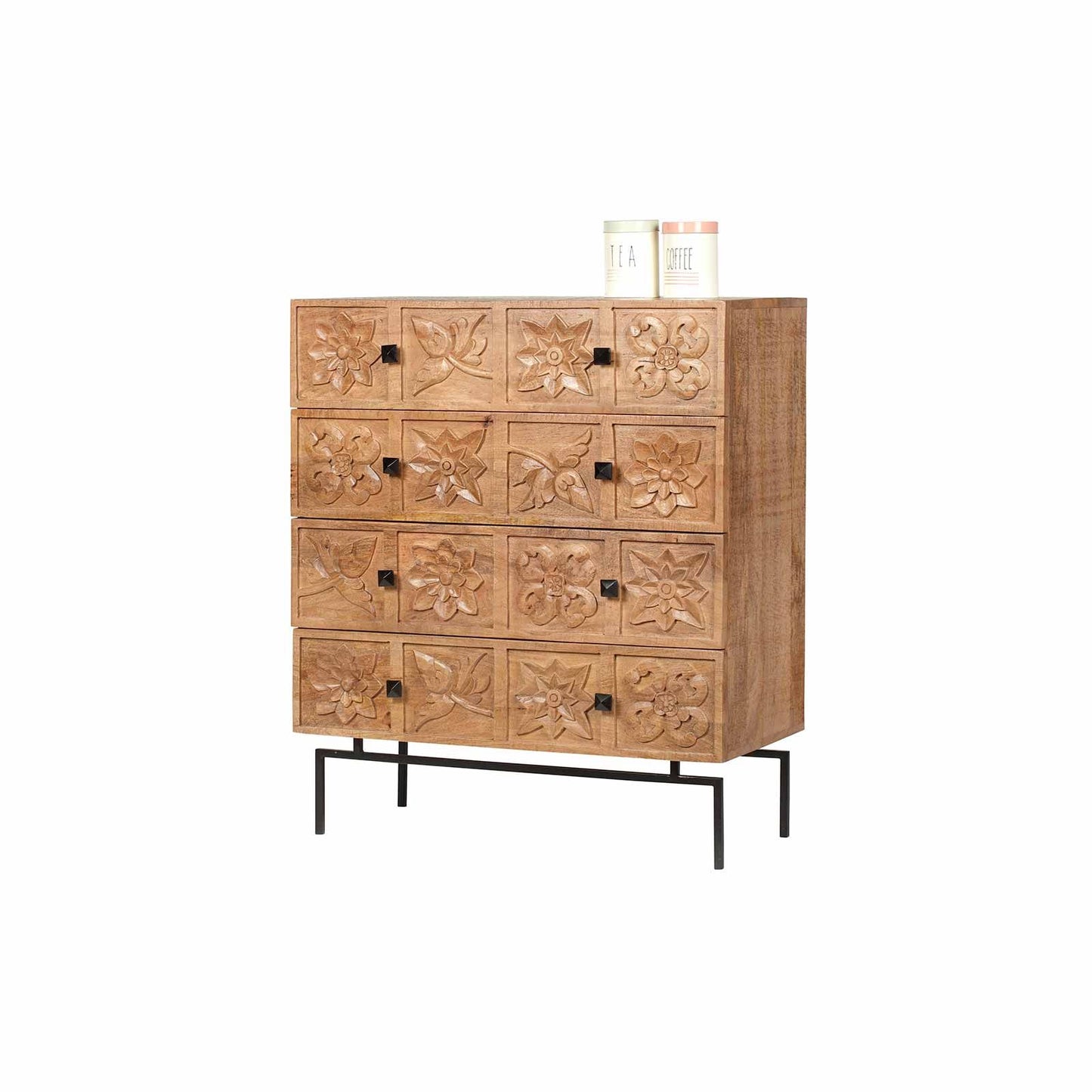 Commode sculptée 4 tiroirs en bois manguier massif - Sculture