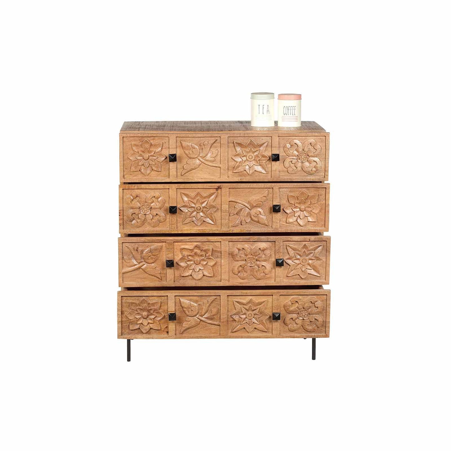 Commode sculptée 4 tiroirs en bois manguier massif - Sculture