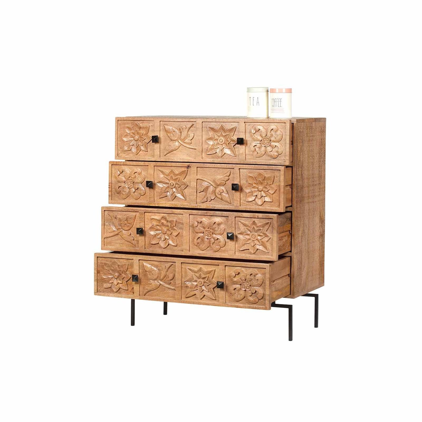 Commode sculptée 4 tiroirs en bois manguier massif - Sculture