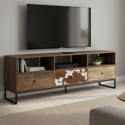 Meuble Tv multi-matériaux 3T peau de vache | Manguier Kara