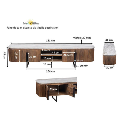 Grande Meuble TV 4 portes, 2 niches plateau marbre | Manguier Kfir III