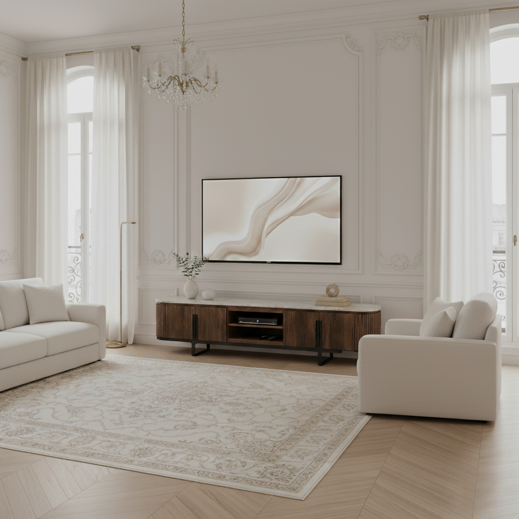 Grande Meuble TV 4 portes, 2 niches plateau marbre | Manguier Kfir III