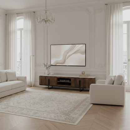 Grande Meuble TV 4 portes, 2 niches plateau marbre | Manguier Kfir III