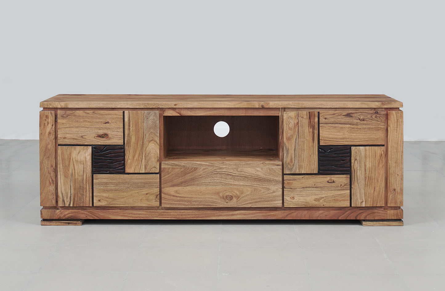 Meuble TV bois sculpté bicolore 160 2P 1T | Acacia Maya