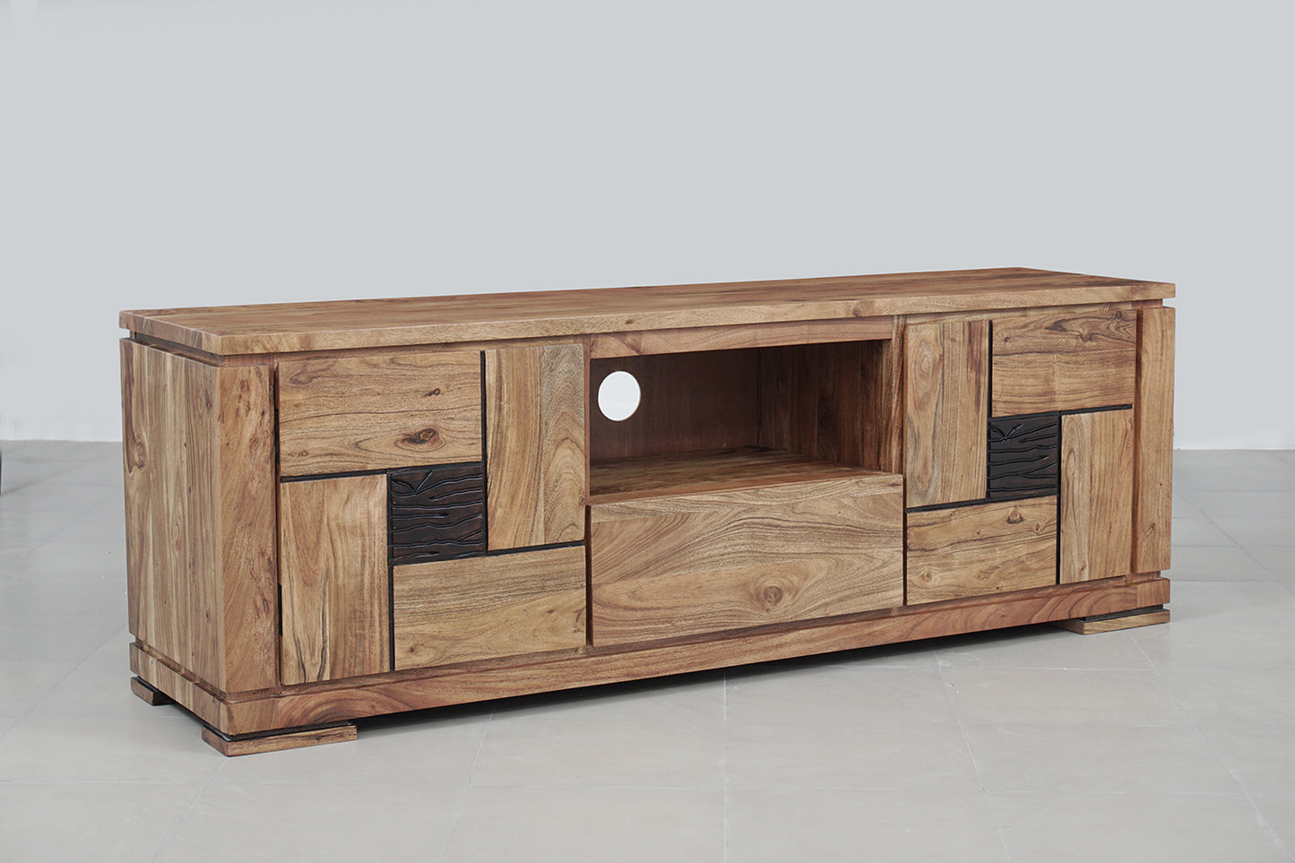 Meuble TV bois sculpté bicolore 160 2P 1T | Acacia Maya