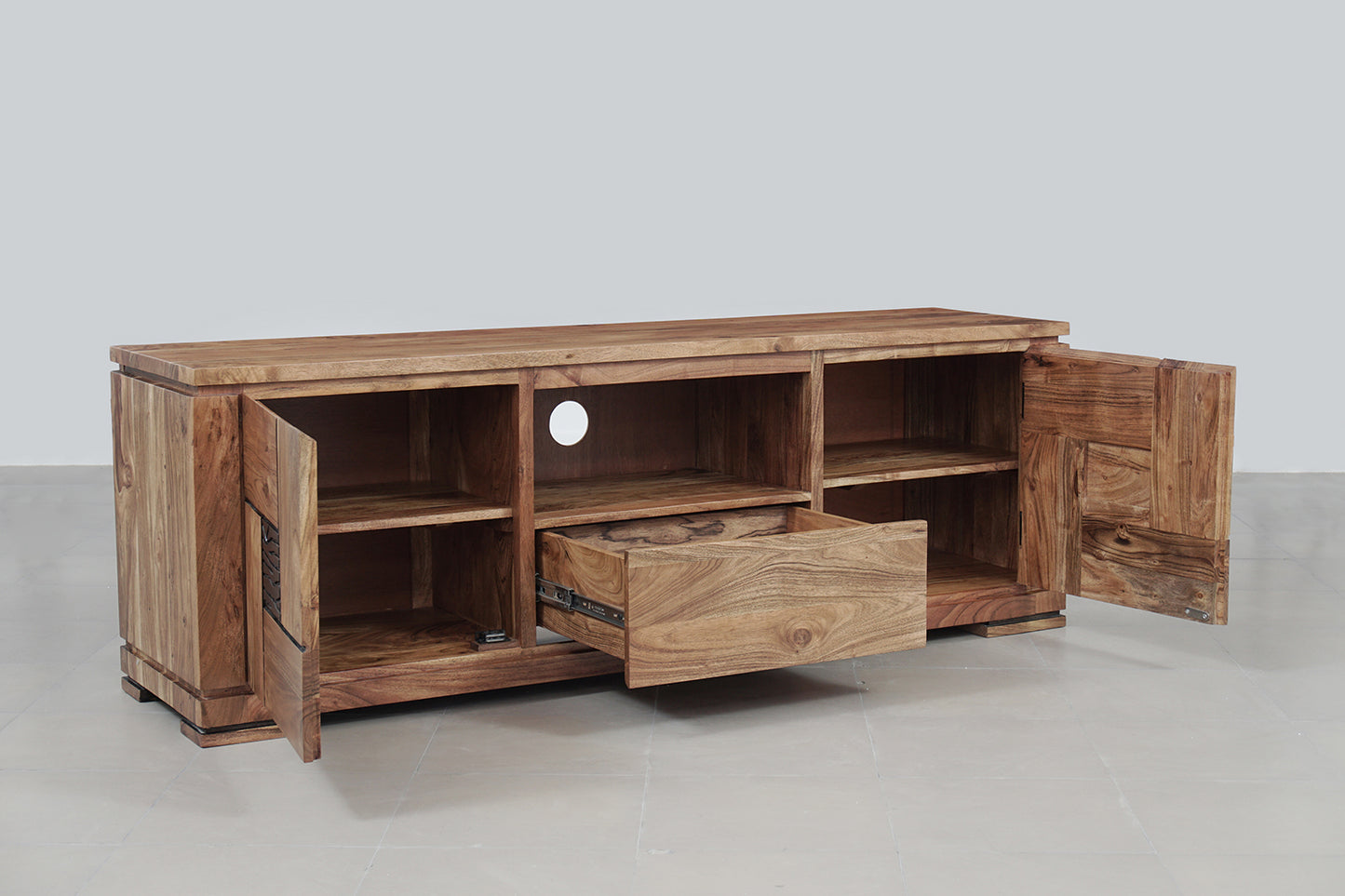 Meuble TV bois sculpté bicolore 160 2P 1T | Acacia Maya
