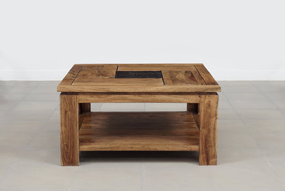Table basse carrée bois sculpté bicolore "Acacia Maya"