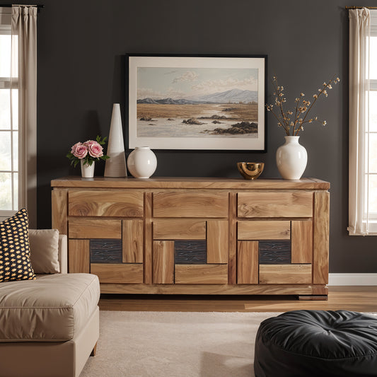 Buffet bois sculpté bicolore 3P 3T | Acacia Maya