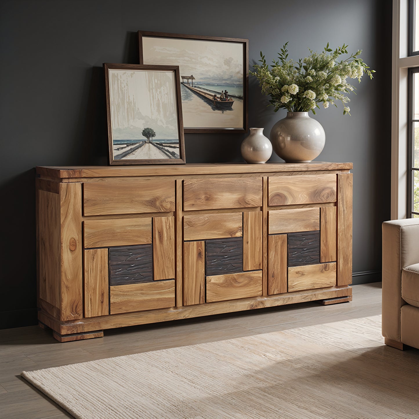 Buffet bois sculpté bicolore 3P 3T | Acacia Maya