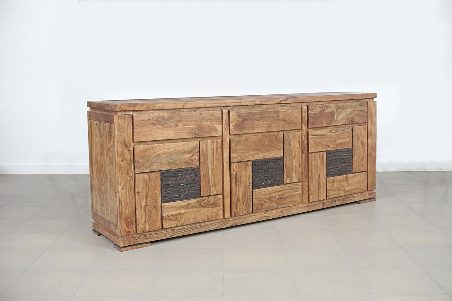 Buffet bois sculpté bicolore 3P 3T | Acacia Maya