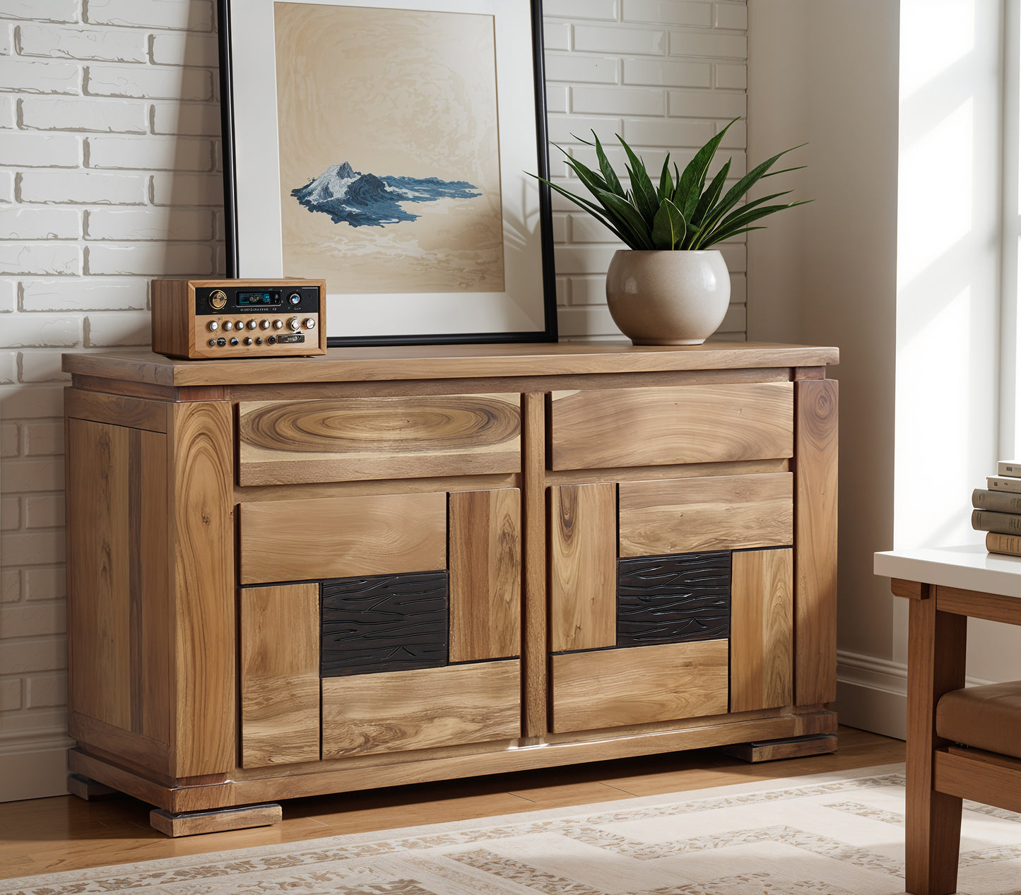 Petit buffet bois sculpté bicolore 2P 2T | Acacia Maya