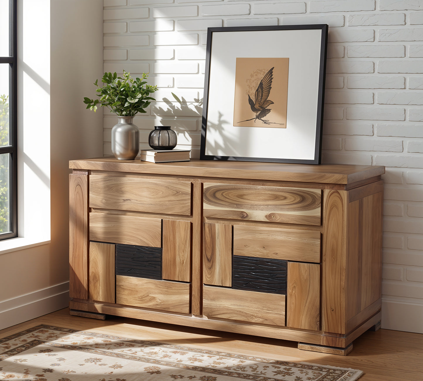 Petit buffet bois sculpté bicolore 2P 2T | Acacia Maya